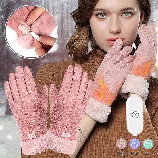 Model toont roze verwarmde handschoenen met bontrand en bedieningselement, met illustratie van verwarmde hand.