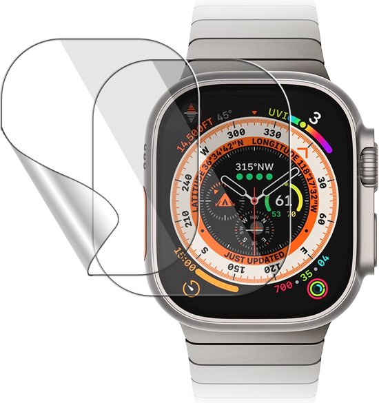 Een zilverkleurig Apple Watch met een screenprotector die van de zijkant wordt getild. Het scherm toont een wijzerplaat met weersinformatie.