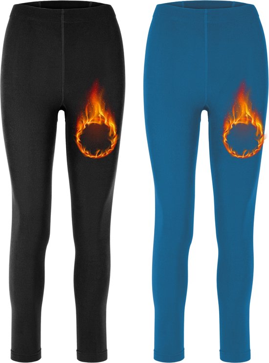 Zwarte en petrolkleurige legging, beide met een opdruk van een ring van vuur.