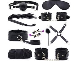 BDSM 10-Delige Bondage Set Met Zweep En Handboeien - Sex toys - Bdsm Set - Bondage Set - Zwart