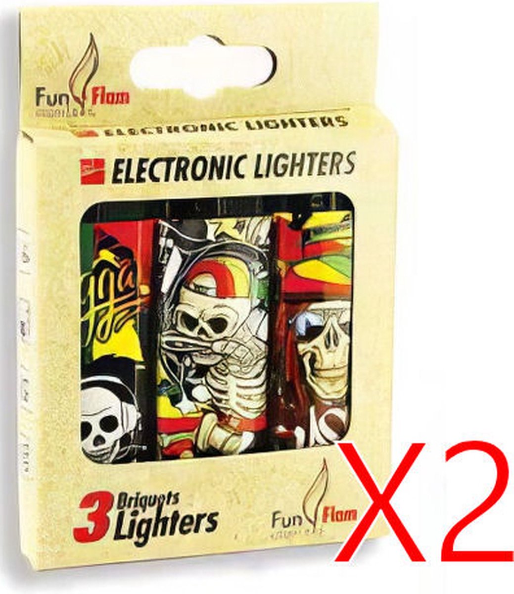 Goedkoopste FunFlam Elektronische Aanstekers - Rasta/Reggae design - 2 x Eco blister à 3 stuks - 6 navulbare aanstekers
