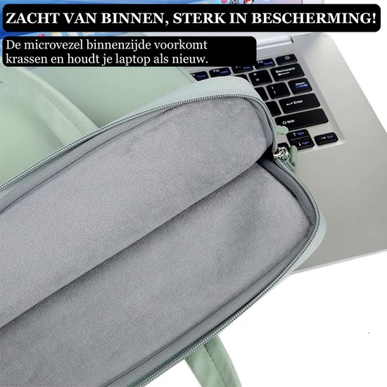 Sacoche d'ordinateur portable vert clair, ouverte, avec doublure intérieure en microfibre douce pour la protection.