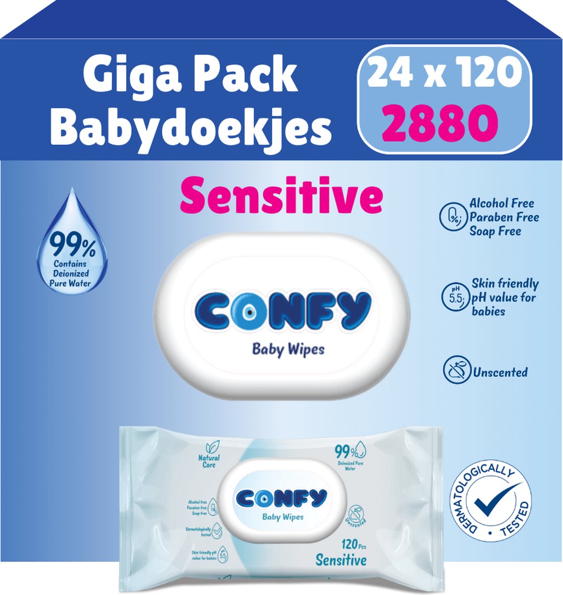 Goedkoopste Confy Sensitive Billendoekjes - 24 x 120 Stuks - 2880 Doekjes