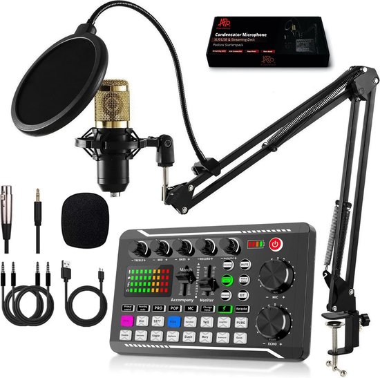 APO Electronics® - Podcast Starterspack - Gaming / Streaming / Podcasting - Condensator XLR Microfoon - Met Boom Arm - Streaming Deck - DJ Mixer