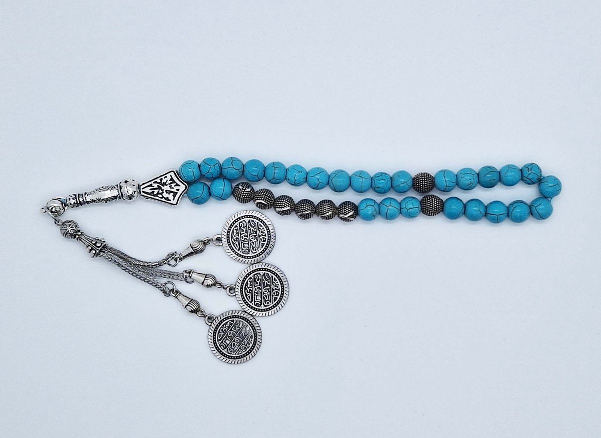 Handgemaakte naam tasbih 33 Kralen Natuursteen “Turkoois” - met metaal tassel “Constantinopel"- Met je naam of de naam van uw geliefde- 8 mm diameter van de korrel
