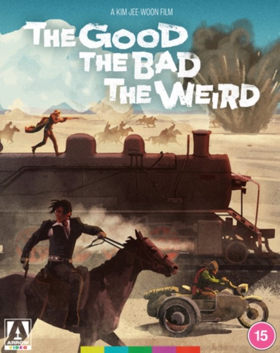 Filmhoes met de titel 'The Good The Bad The Weird'. Een film van Kim Jee-woon. Twee mannen te paard, een op een trein en een motor met zijspan in een woestijnlandschap.