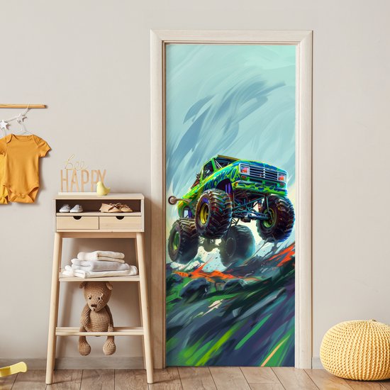 Poster porte 85x205 cm - Sticker porte Monster truck - Voiture - Garçons - Vert - Film meuble autocollant - Film porte chambre ado - Film intérieur chambre enfant - Film adhésif porte - Sticker papier peint porte - Décoration chambre ado