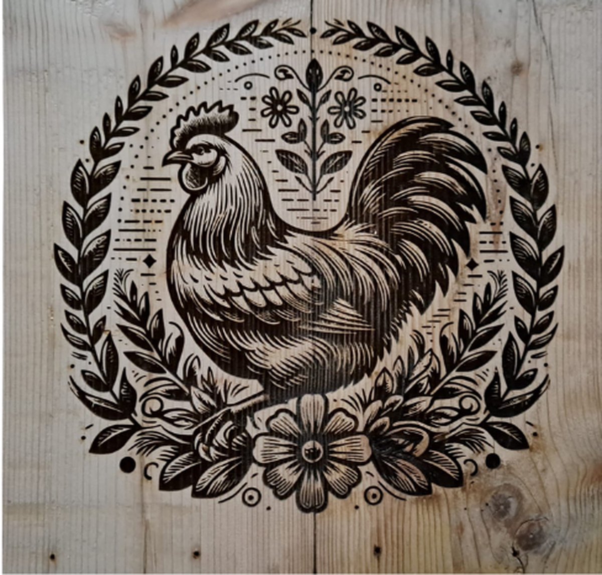 WoodR Wandbord -prachtig Grenen Plank met Kip (39x40x 2,5 cm) - Authentieke Woondecoratie van Oud Hout" Dutch made. gemaakt van gerecycled steighout