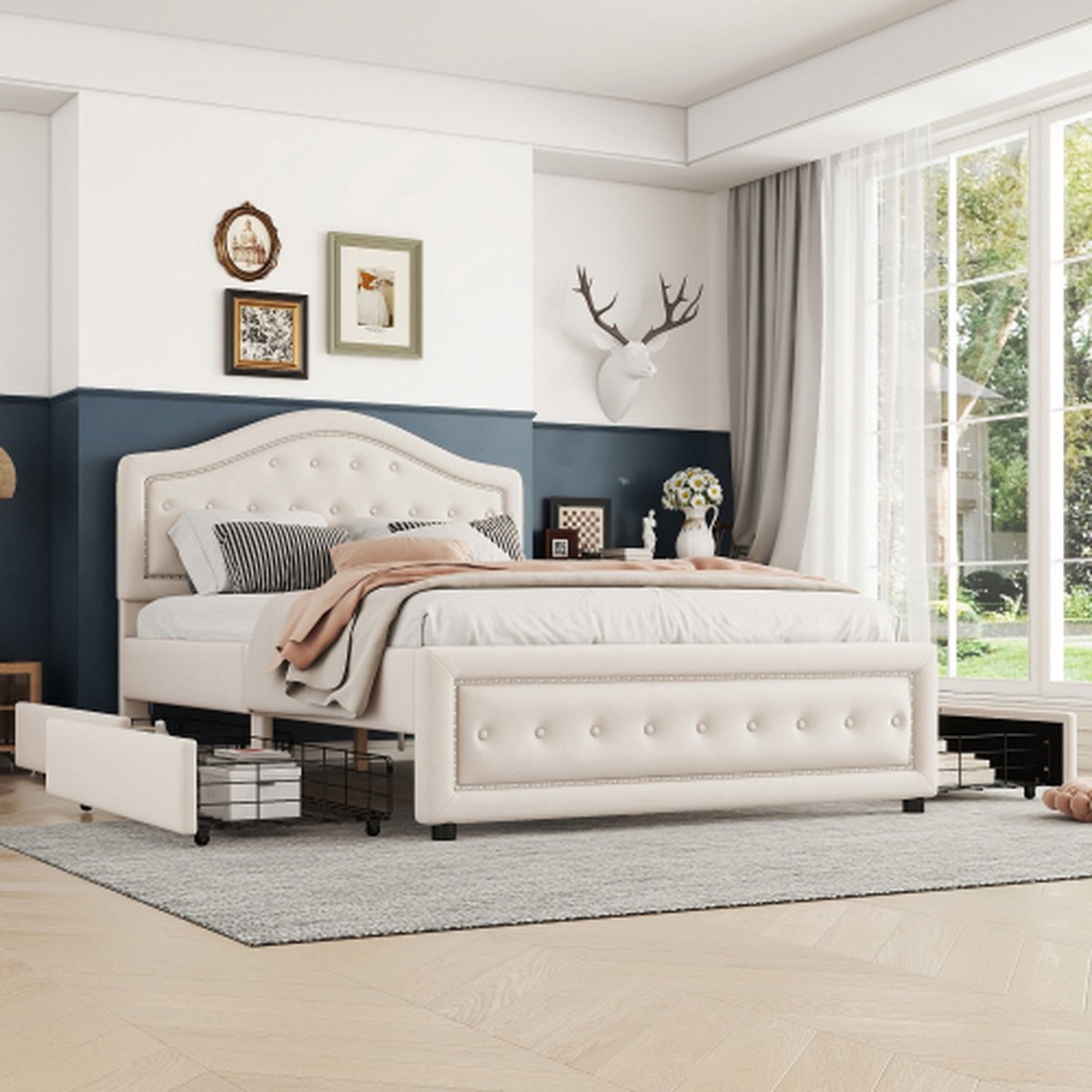 Gestoffeerd bed, tweepersoonsbed 140 x 200 cm met lattenbodem (zonder matras), fluweel, minimalistische styling, beige