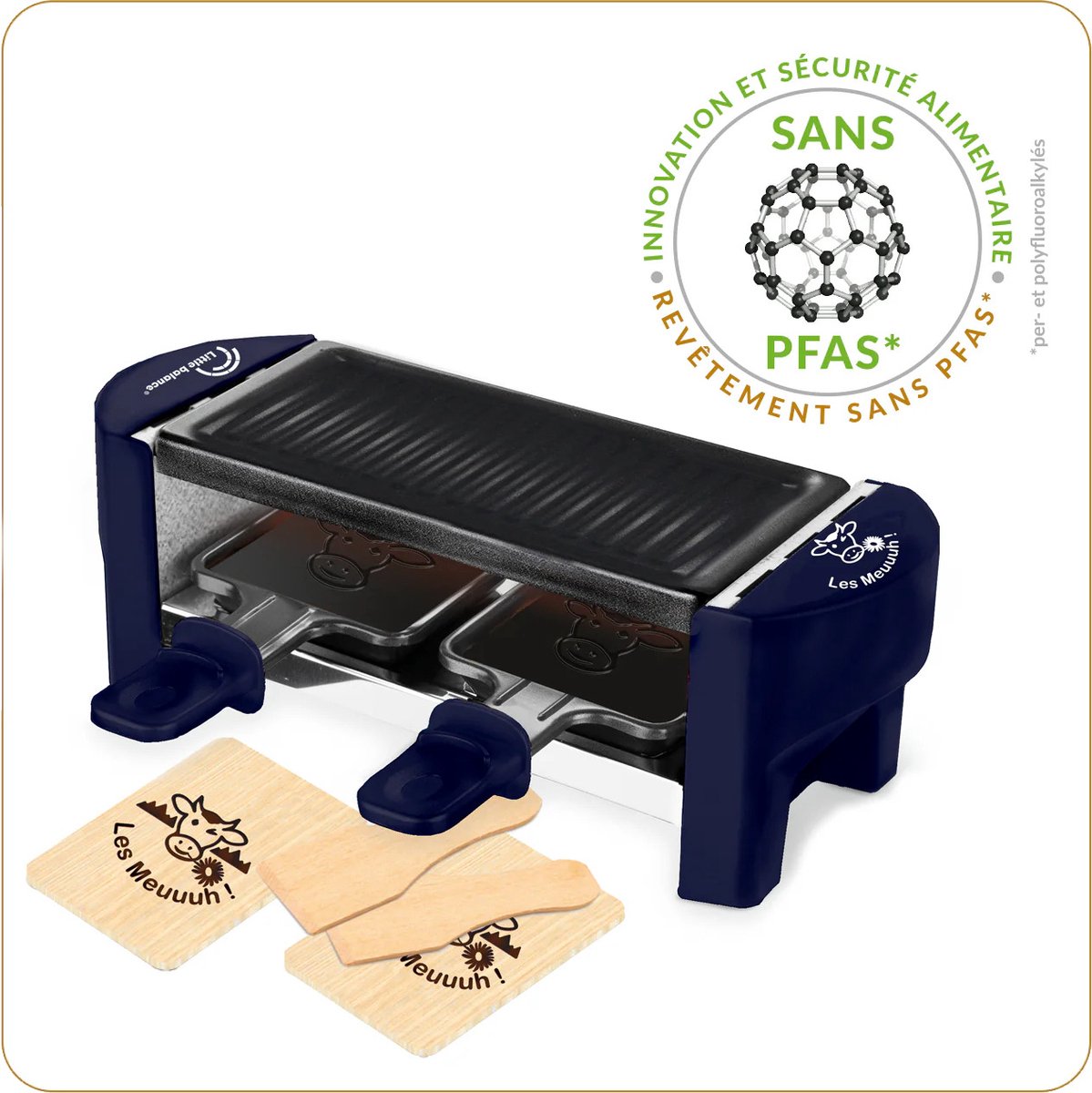 Little Balance 8616 - Raclette & gourmetset - voor 2 personen - incl. 2 pannen, 2 spatels en plankjes - PFAS vrij - 320 Watt - donker blauw