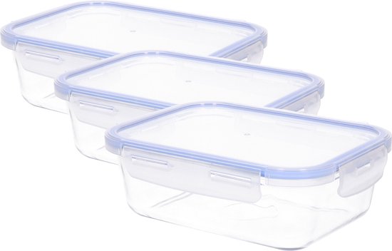 CM Récipient alimentaire/boîte à lunch - 3x - hermétique - avec clips - verre - 22 x 16 x 8 cm - 1500 ml