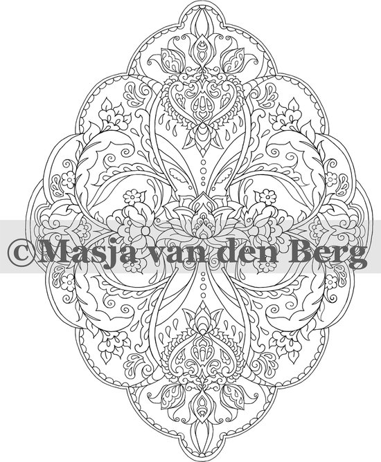 Symmetrisch, sierlijk oosters patroon met bloemen en bladeren in lijntekening.
