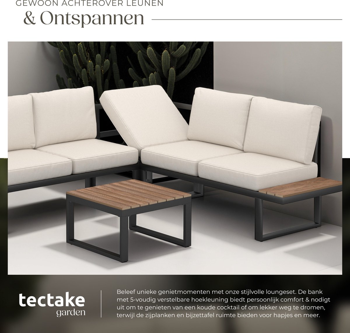 tectake® Tuinset Eliar - 4-Delige Loungeset - 5 Personen - Weerbestendige Hoekbank - Aluminium Frame - Houtlook Zijtafeltjes - Tuinbank -Tuintafel - Verstelbare Rugleuning - Ligbed - Tuinmeubelset met Kussens - Ideaal voor tuin, balkon en terras – foto 8