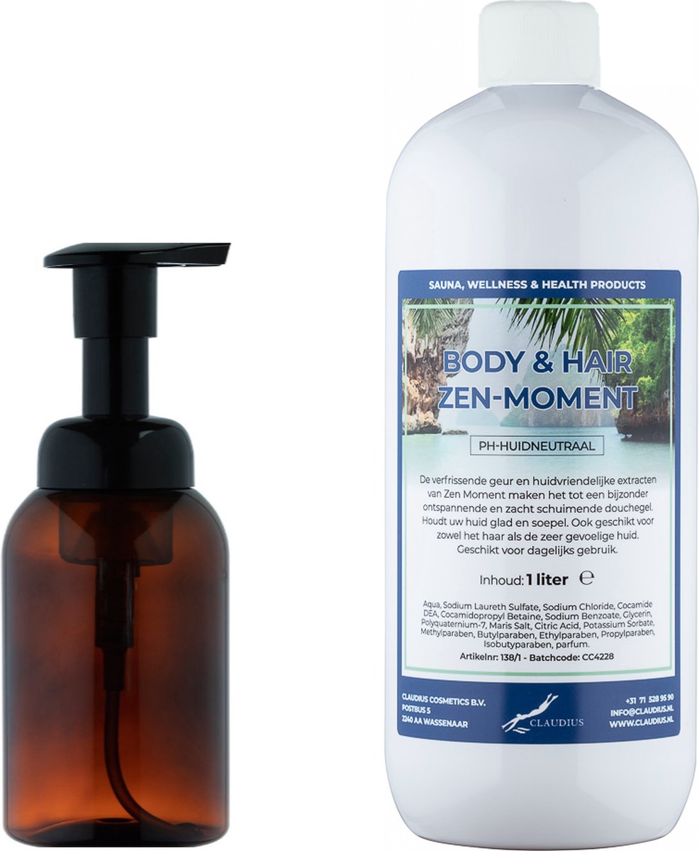 Goedkoopste Zeepdispenser 300 ml amber bruin hervulbaar 1 liter Body & Hair Zen Moment navulling