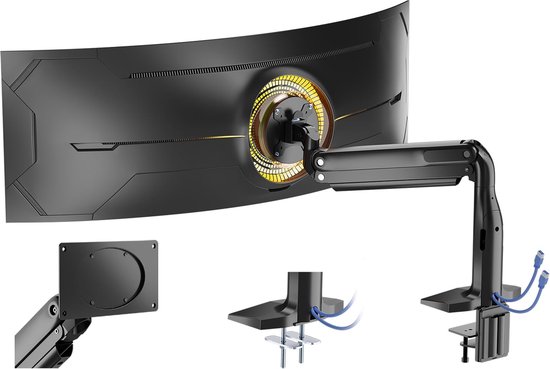 PUTORSEN Single monitor arm desk mount for 17-43 inch flat and curved screens and ultra-wide 49 screens, heavy duty aluminum gas spring monitor mount up to 18kg, with 2x3.0 USB port, Max