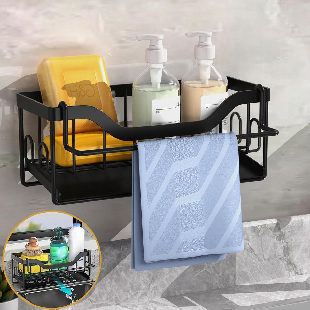 oCreon Schoonmaakorganizer – RVS Sponshouder - Afvoermanchet - Roestvrij en Snelle Drainage – Zwart