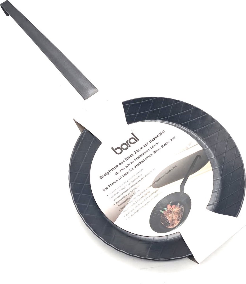 Braadpan - Gietijzeren Braadpan met Haakhandvat- Boral - Antiaanbaklaag - 24cm - Geschikt Voor Alle Warmtebronnen