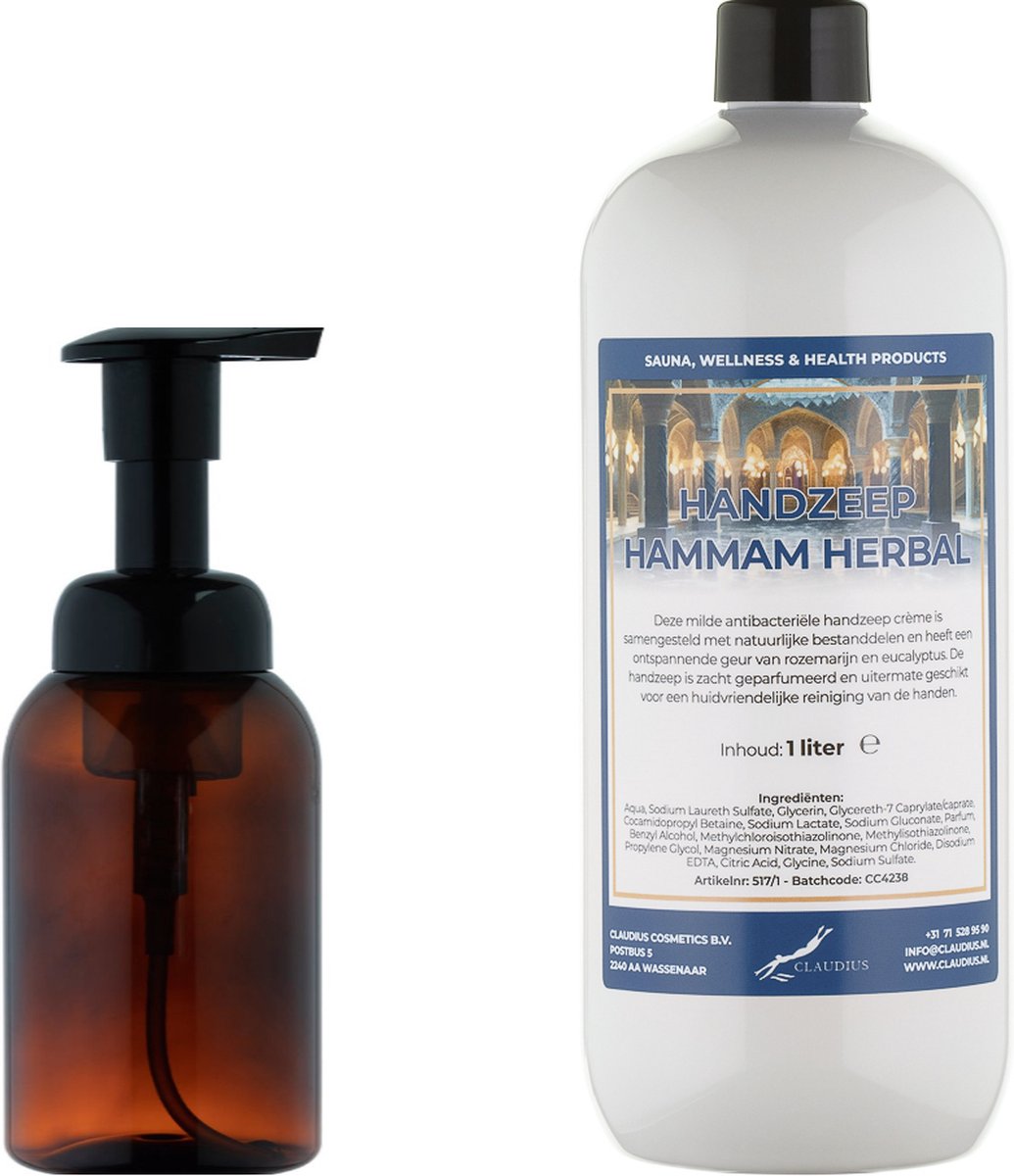 Goedkoopste Zeepdispenser 300 ml amber bruin hervulbaar 1 liter Handzeep Hammam Herbal navulling