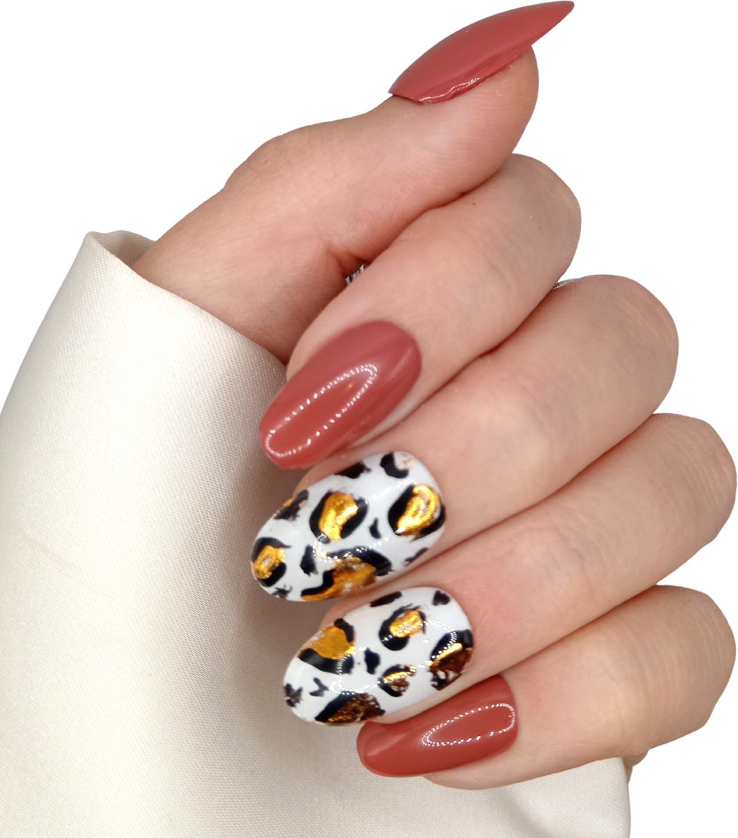 SD Press on Nails - B-54 - Plaknagels - Nagelset 20 Nagels - Nude bruin leopard - Gellak - Nagellak - Medium Rond - Nageltips - Nepnagels met Lijm - Kunstnagels - Nail Art - Handmade - Valse nagels - Nagelvijl - Accessoires - Ronde tips