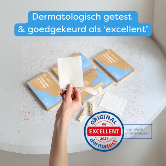 Een hand houdt een witte wasstrip vast. Op de achtergrond meerdere kartonnen verpakkingen met blauwe en bruine opdruk.