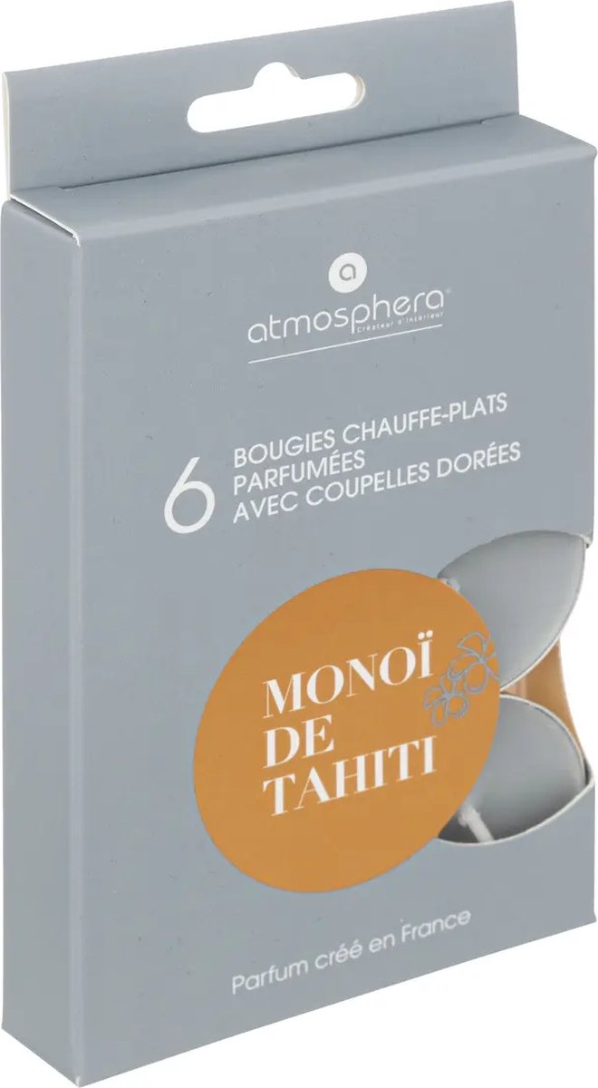Atmosphera Createur D'Interieur - Geur Theelichtjes - Geurkaarsen - Waxinelichtjes - Geurende Theelichtkaarsen - Scented Tealight Candles - Monoï de Tahiti - 1 doosje met 6 waxinelichtjes