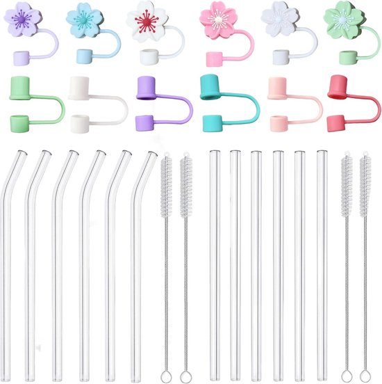 Realure 4 Stuks Glazen Rietjes, Herbruikbaar met Reinigingsborstels, 14mm Grote Breedte Glazen Rietjes, Glassware Pipet 21.5cm voor Bubble Tea, Smoothie, Cocktail, Slush, Sappen, Helder Water