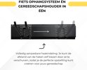 Zwarte, verstelbare gereedschapshouder met haken die naar wens verschoven kunnen worden.