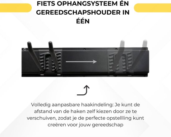 Zwarte, verstelbare gereedschapshouder met haken die naar wens verschoven kunnen worden.