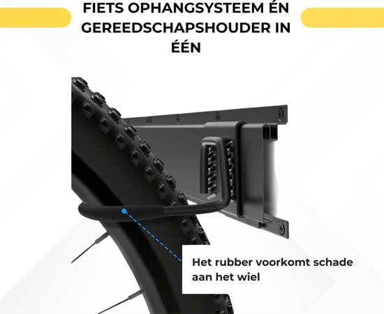 Zwarte fietsophanger met rubberen bescherming voor het wiel.