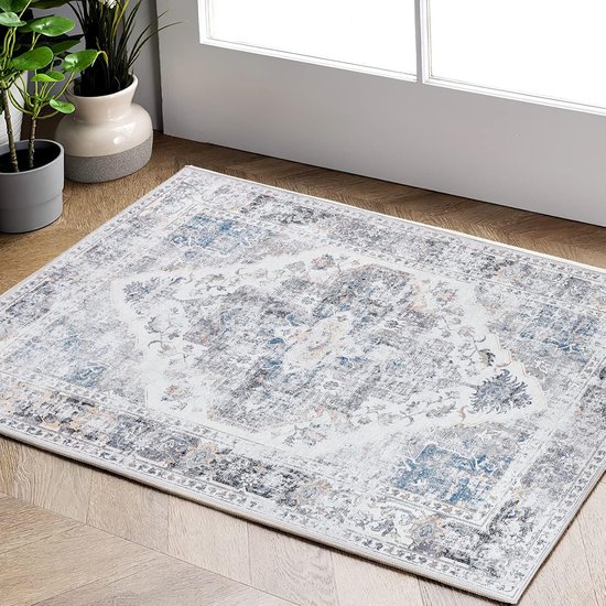 GENIMO Wasbaar Vloerkleed, Vintage Bohemian Tapijt met Antisliprug – Kortpolig en Opvouwbaar – Retro Bloemenprint Geschikt voor Woonkamer, Slaapkamer