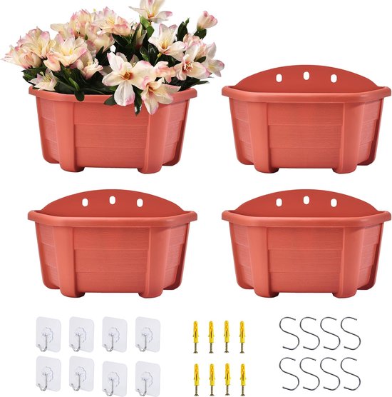 25cm 4-pack wandhangende plantenbakken plastic retro-stijl leuning hangende plantenbakken planten bloemen plastic potten manden voor balkon hek tuin baksteenrood