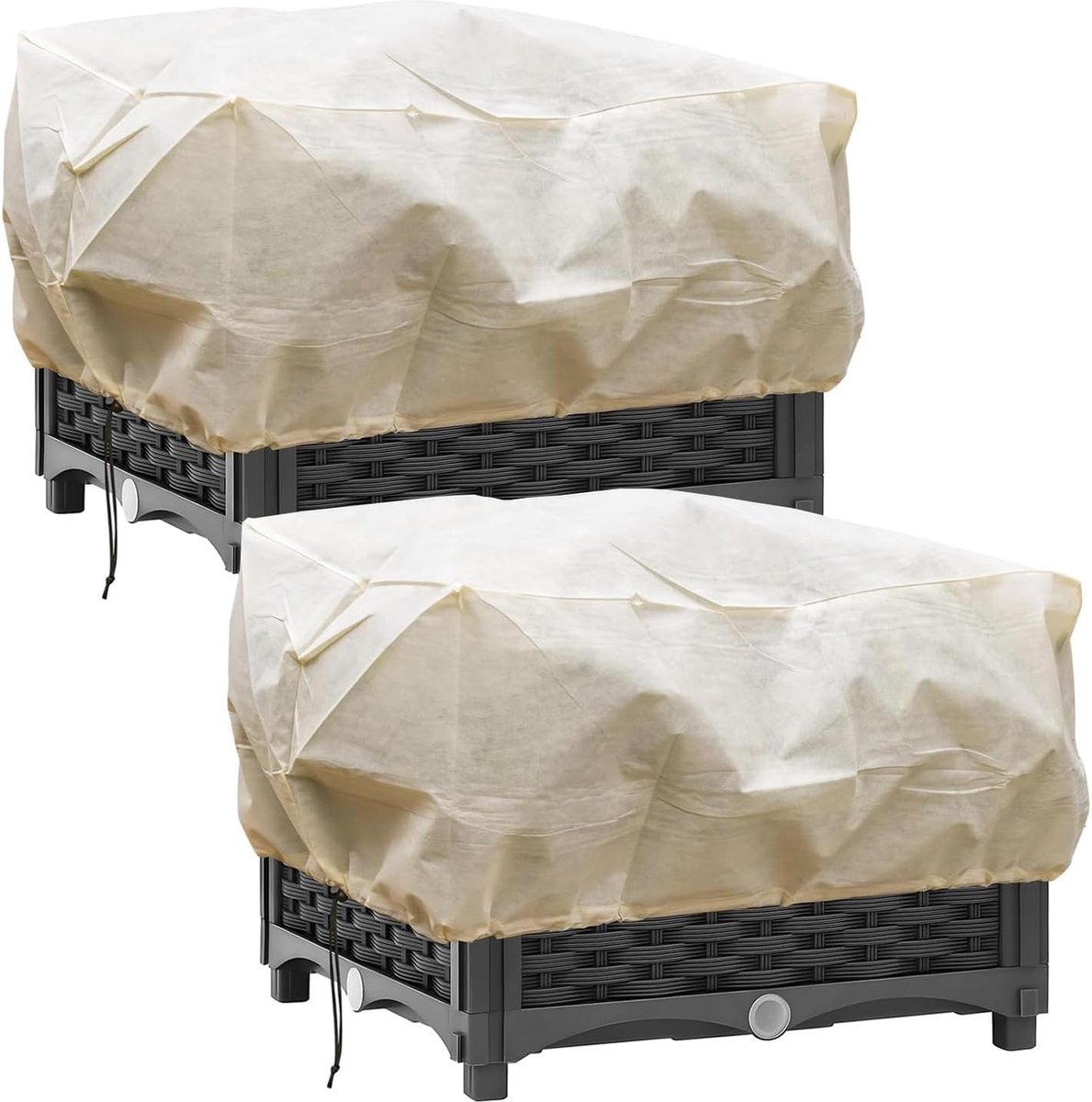 Winterbescherming voor bloembakken - bescherming tegen vorst en kou - balkonplanten en potplanten - beige kappen met trekkoord - beschermt bloemen - balkonbakken - tuindecoratie voor winterseizoen.