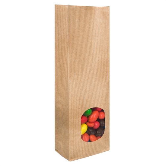 100x Blokbodemzakjes Met Venster 70 + 40 x 205 mm Bruin Kraft Papier Voedselveilig Volledig Recyclebaar - Duurzaam - Blokbodem Stazak - Voedsel Verpakking - Rechthoekige Zak - Traktatie Zakje - Cadeauzakjes