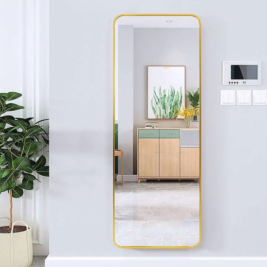Clevich Staande spiegel, 150 x 50 cm, gebogen zwart, full-body spiegel met aluminium frame, aanleun- of hangspiegel voor woonkamer, slaapkamer, entree