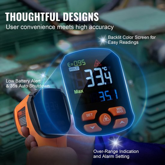 WapoRich Infraroodthermometer – 50°C Tot 800°C, Met Dubbele Laser En Vochtmeter 3 miniatura