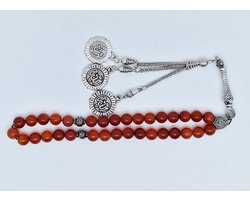 Handgemaakte tesbih klassiek - "Tasbih" natuursteen "Rood Agaat" - Aantal kralen 33 - Diameter kralen 8 MM - met metaal tassel "Allah muzakhrafa" - Een mooi cadeau-idee