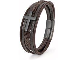 Armband Heren - Bruin Leer met Zwart Kruis - 21cm - Leren Armbanden - Vaderdag Cadeau Geschenk - Mannen Cadeautjes Accesoires
