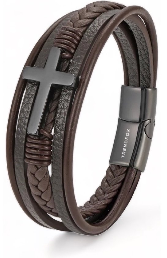 Armband Heren - Bruin Leer met Zwart Kruis - 21cm - Leren Armbanden - Vaderdag Cadeau Geschenk - Mannen Cadeautjes Accesoires