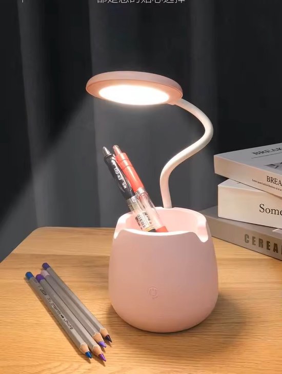 LED Bureaulamp met Pennenhouder | USB Oplaadbaar | Flexibele Hals 360° | Nachtlampje voor Bureau & Slaapkamer | Roze