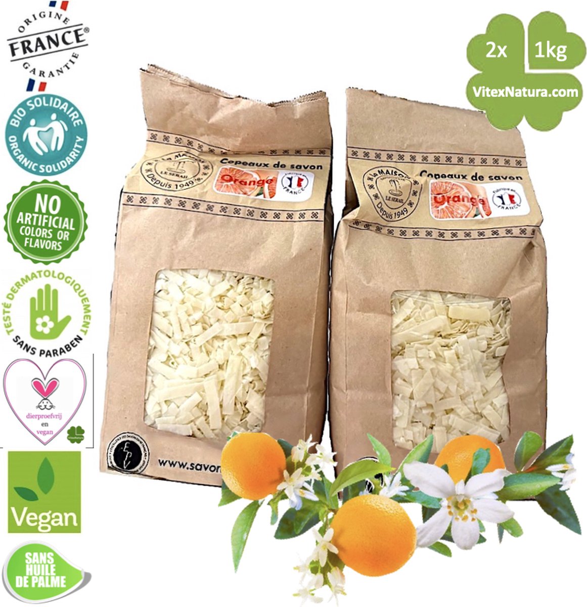 Goedkoopste Marseille zeepvlokken | 2x 1kg | Sinaasappelbloesem | Ecologisch en Milieuvriendelijk | Le Serail | Multifunctioneel | Puur natuur