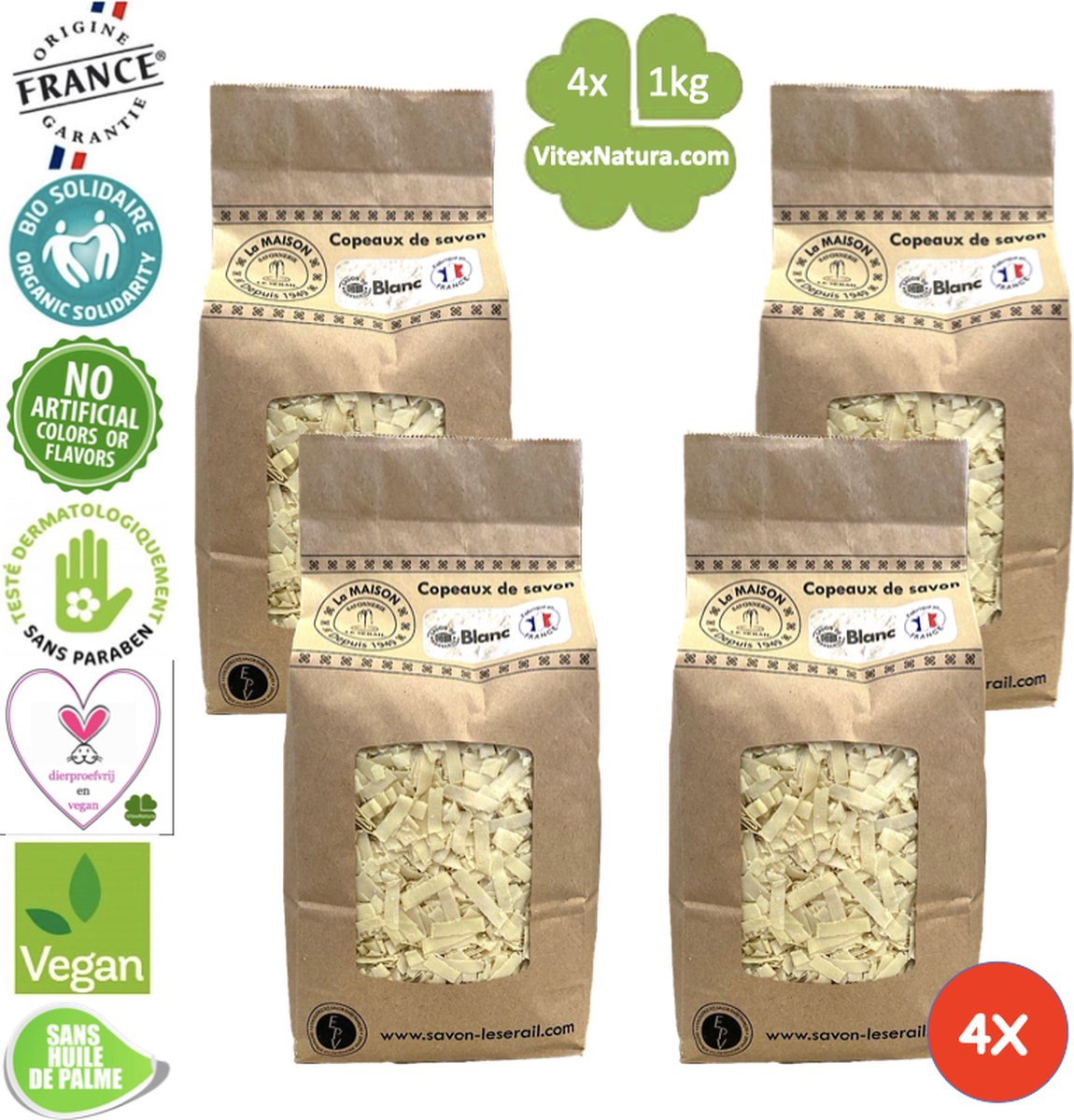 Goedkoopste Marseille zeepvlokken naturel | 4x 1kg | Zonder parfum en kleur | Ecologisch en Milieuvriendelijk | Le Serail | Multifunctioneel | Puur natuur