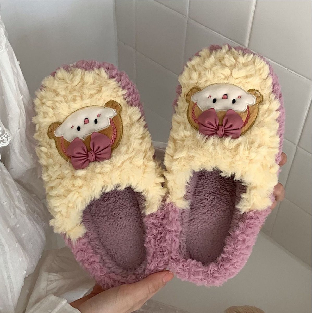 Xixitiao Zachte fluffige dames pantoffels Paars en geel Anti slip Cute woman slippers Schattige vrouwen sloffen