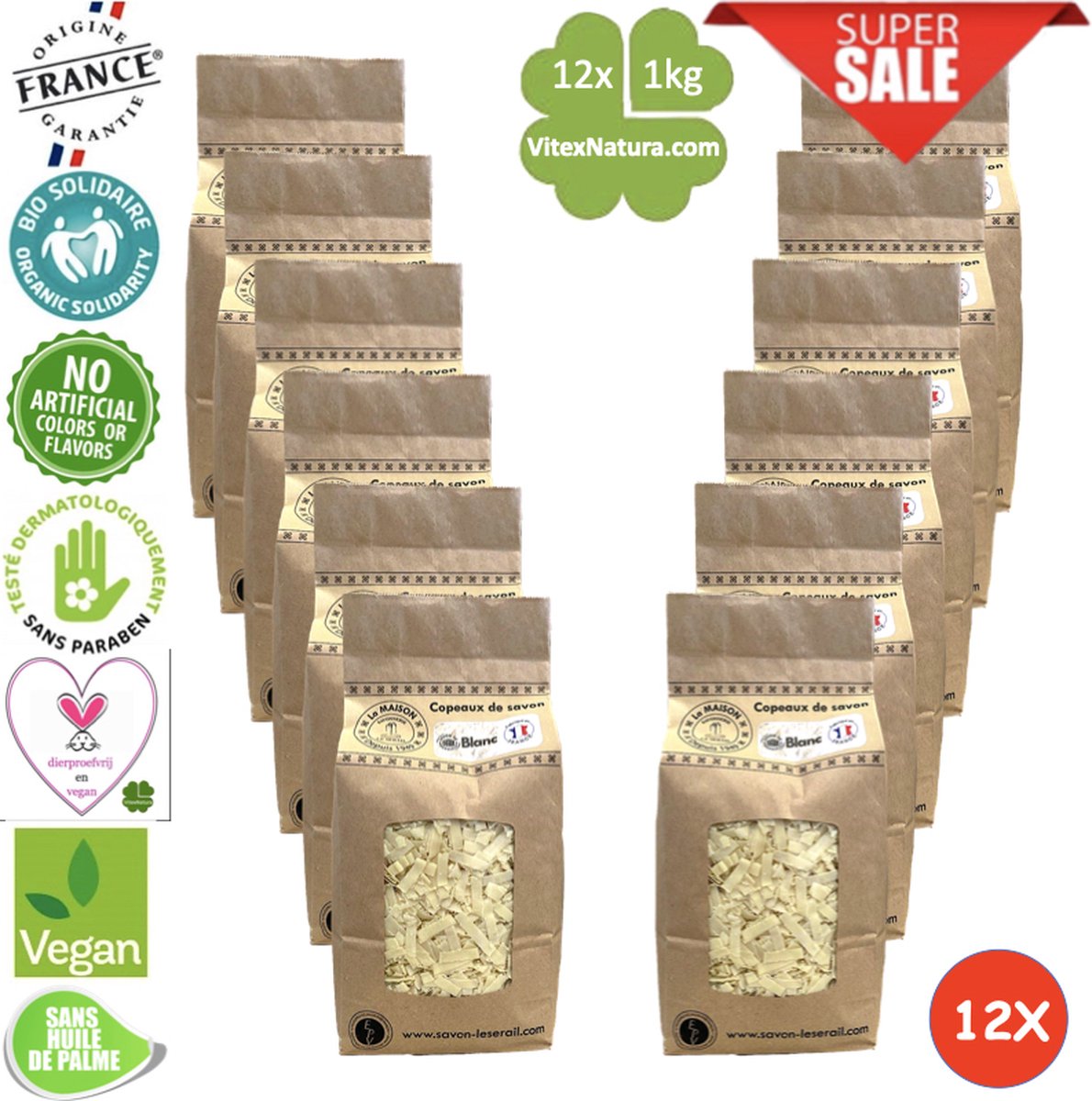 Goedkoopste Marseille zeepvlokken naturel | 12x 1 kg | Zonder parfum en kleur | Ecologisch en Milieuvriendelijk | Le Serail | Multifunctioneel | Puur natuur