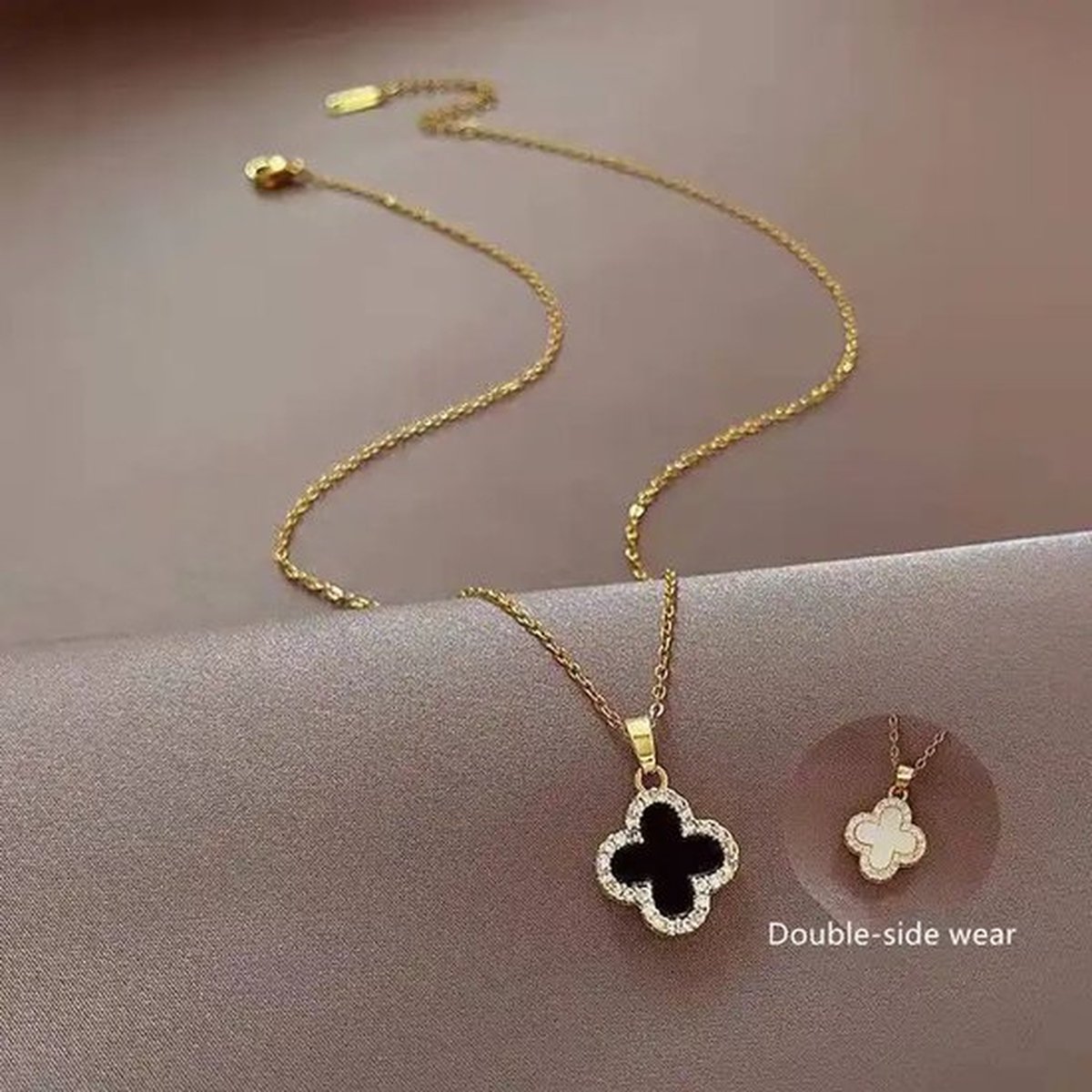 EHH Beauty -Luxe klaverketting - diamantjes - Goud - Dames ketting- Wit - Zwart- Cadeau vrouw - double - side wear