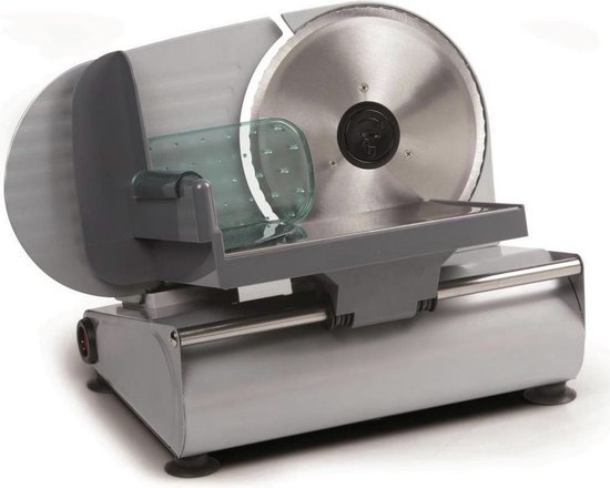 Zilverkleurige vleessnijmachine met grote ronde snijschijf en grijze behuizing.