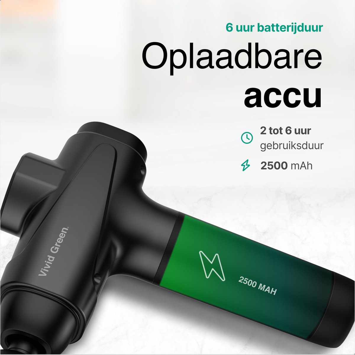 Afbeelding 3 van Pro Massage Gun 12 Accessoires - Apparaat - Sport en Relax Massage - Draadloos – Professioneel - 12 mm - 2500 mAh – Zwart - Vivid Green
