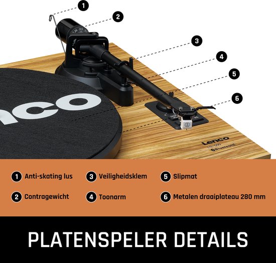 Lenco Platenspeler met Bluetooth - Twee externe Speakers - Ingebouwde Versterker - LS-500OK - Hout — afbeelding 4