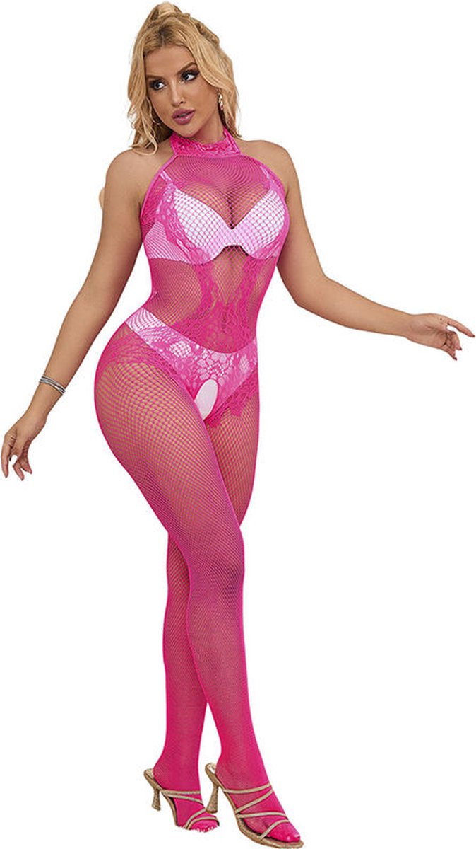 Goedkoopste SUBBLIME - 952389 VISNET EN KANTEN KRUISLOZE BODYSTOCKING MET HOGE HALS ROZE ONE SIZE | CATSUIT | EROTISCHE CATSUIT | LINGERIE | SEXY LINGERIE | EROTISCHE LINGERIE