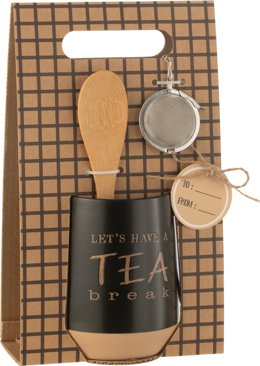 J-Line theemok + lepel + theebal 'Tea break' - keramiek - zwart - giftbox