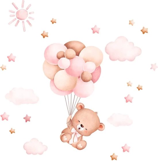 Muursticker Ours avec Ballons - Chambre de bébé - Chambre enfant - PVC autocollant - 71x71cm - Ours - Nuages ​​- Etoiles